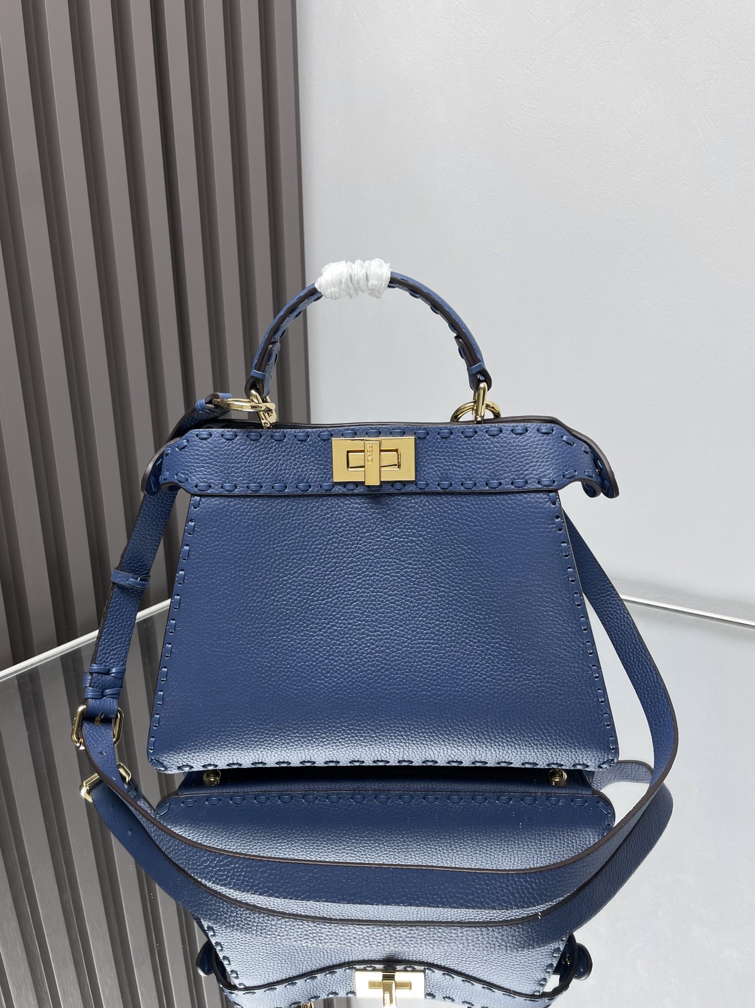 Fendi Peekaboo ISeeU Small Blue Selleria Bag with 556 Hand-sewn Topstitches